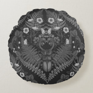 Stag beetle and ferns, in black and white round cushion