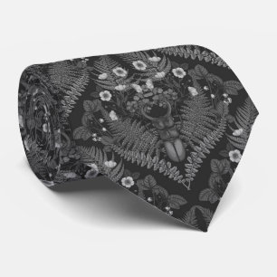 Stag beetle and ferns, in black and white tie