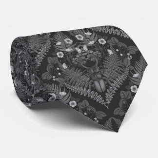 Stag beetle and ferns, in black and white tie