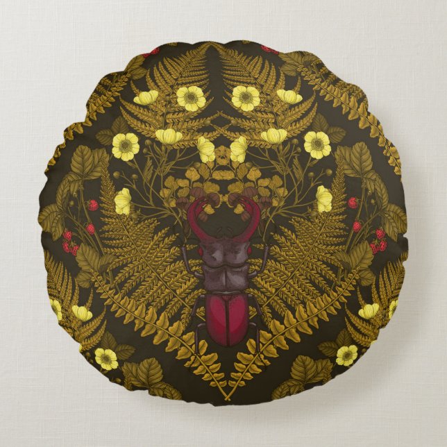 Stag beetle and ferns round cushion (Front)