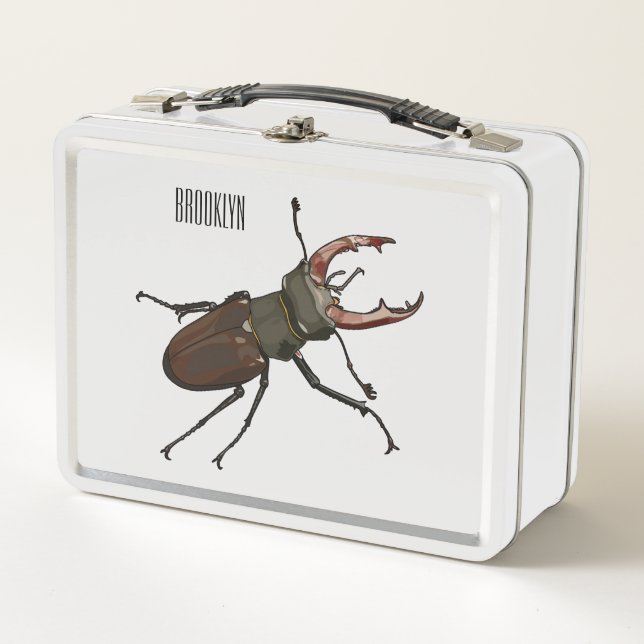 Stag beetle cartoon illustration metal lunch box (Front)