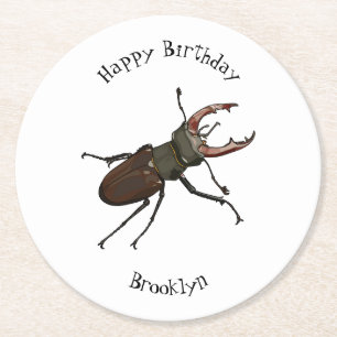Stag beetle cartoon illustration round paper coaster