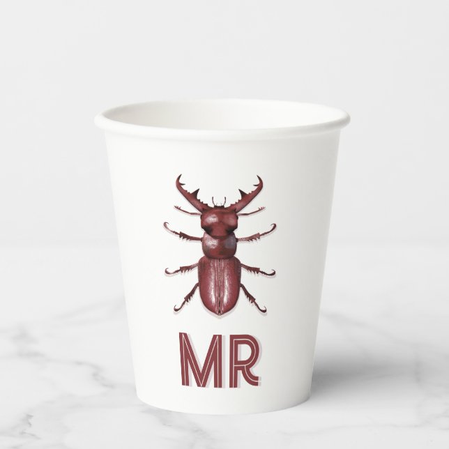 Stag Beetle Custom Monogram Insect Art Paper Cups (Front)