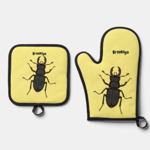Stag beetle insect illustration oven mitt & pot holder set
