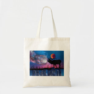 Stag Cradling Autumn Moon in Antlers Canvas Tote