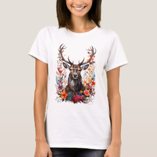 Stag deer amongst colourful flower blossoms  T-Shirt