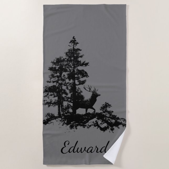 Stag Deer Animal Wildlife Custom Name Beach Towel (Front)