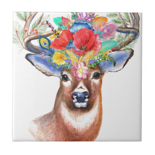 Stag Deer Antler Wildflower Floral Painting Tile