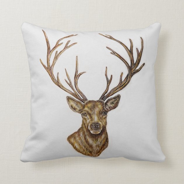 Stag Deer Drawing of Woodland Animal Woodland Deer Head Throw Pillow