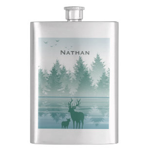 Stag Deer Pine Green Forest Landscape Personalised Hip Flask