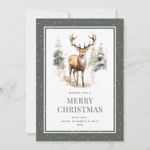 Stag Deer Snowy Watercolor Green Merry Christmas Holiday Card