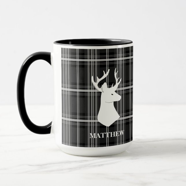 Stag Head on Black and White Plaid Mug (Left)