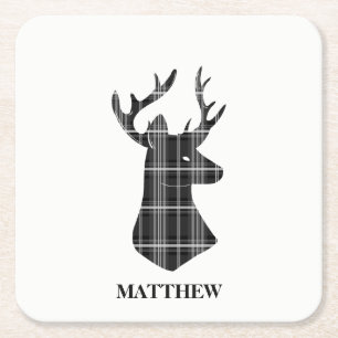 Stag Head on Black and White Plaid Square Paper Coaster
