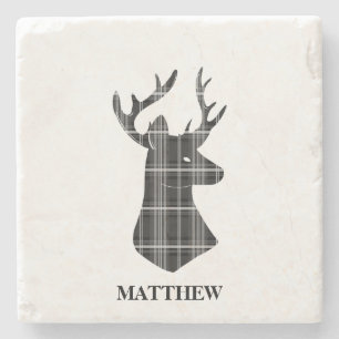Stag Head on Black and White Plaid Stone Coaster