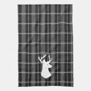 Stag Head on Black and White Plaid Tea Towel