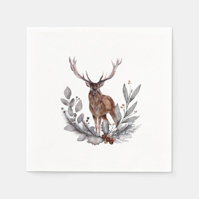 Stag Holly Berries Leaves Grunge Background Napkin (Front)