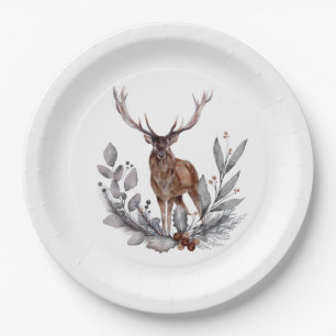 Stag Holly Berries Leaves Paper Plate