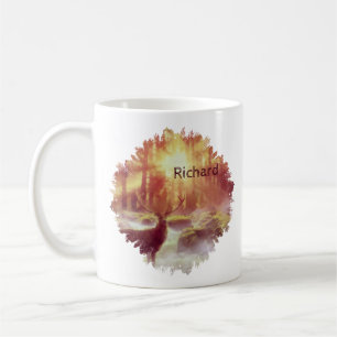 Stag in Misty Forest at Golden Sunrise Coffee Mug