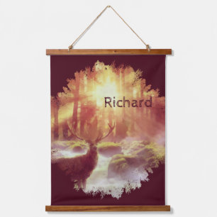 Stag in Misty Forest at Golden Sunrise Hanging Tapestry