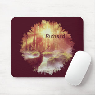 Stag in Misty Forest at Golden Sunrise Mouse Mat