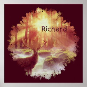 Stag in Misty Forest at Golden Sunrise Poster