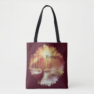 Stag in Misty Forest at Golden Sunrise Tote Bag