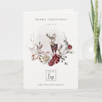 Stag Marsala Foliage Wreath Merry Christmas Logo