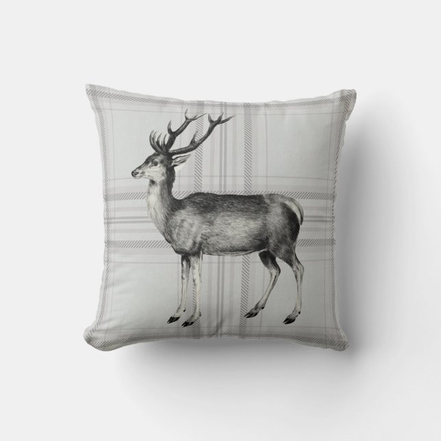 stag on a grey checked rustic cushion (Front)