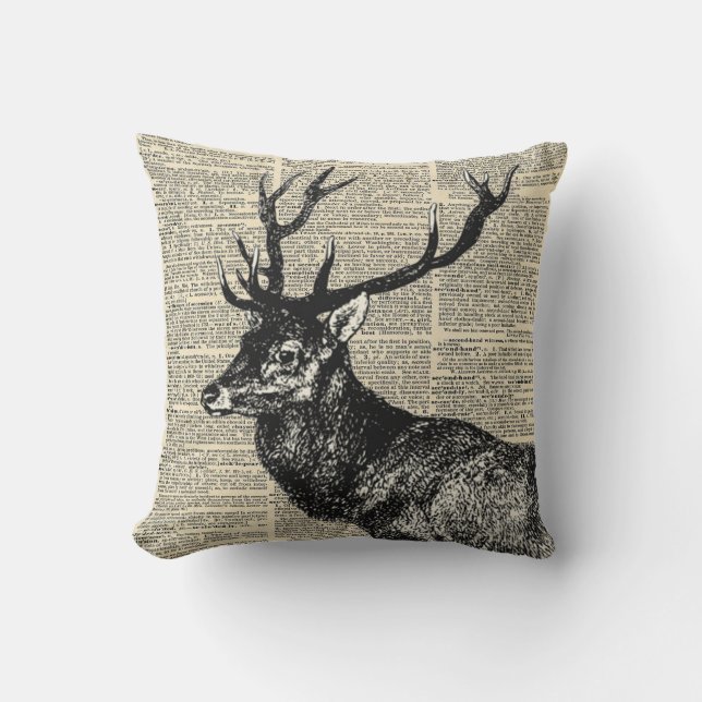 Stag on a vintage dictionary print, cushion (Front)