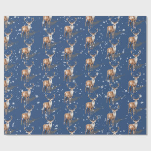 Stag Reindeer First Snowfall Christmas Blue Wrapping Paper