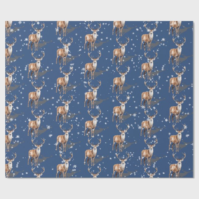 Stag Reindeer First Snowfall Christmas Blue Wrapping Paper (Flat)