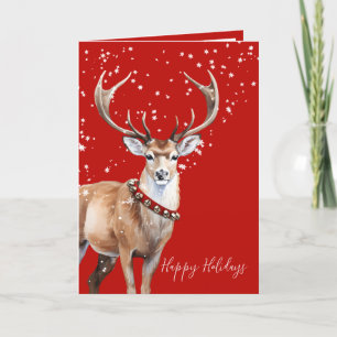 Stag Reindeer Red Bell Collar Happy Holiday Card