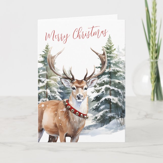 Stag Reindeer Woodland Merry Christmas Holiday Card (Front)