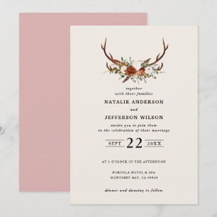 Stag rust terracotta floral rustic elegant modern invitation