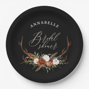 Stag rustic black rust botanical bridal shower paper plate