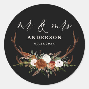 Stag rustic botanical wedding black terracotta classic round sticker