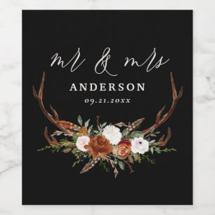 Stag rustic botanical wedding mr and mrs black wine label