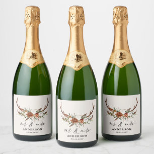 Stag rustic botanical wedding mr and mrs script c sparkling wine label
