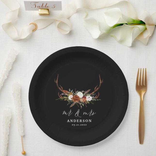 Stag rustic botanical wedding mr and mrs script pa paper plate (Wedding)