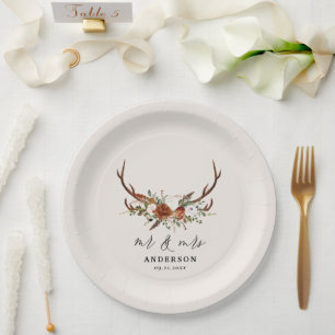 Stag rustic botanical wedding mr and mrs script paper plate