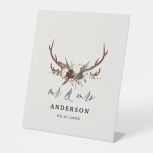 Stag rustic botanical wedding mr and mrs script pedestal sign