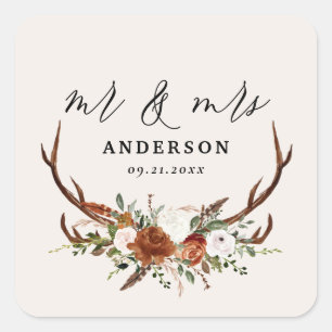 Stag rustic botanical wedding mr and mrs script   square sticker