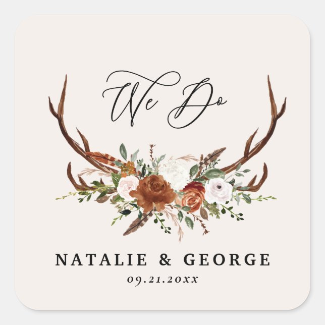 Stag rustic botanical wedding terracotta elegant square sticker (Front)