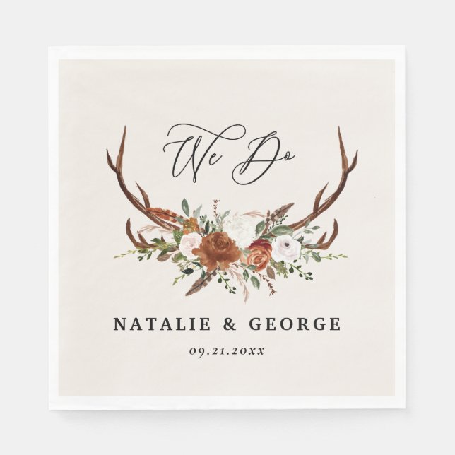 Stag rustic botanical wedding terracotta floral napkin (Front)