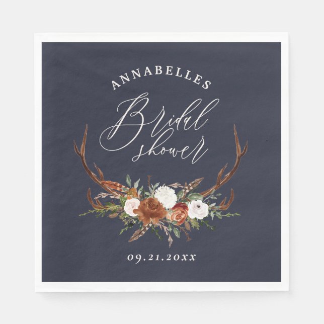 Stag rustic navy blue botanical bridal shower napkin (Front)