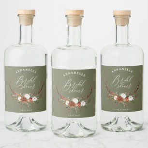 Stag rustic sage green botanical bridal shower liquor bottle label