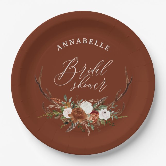 Stag rustic terracotta botanical bridal shower paper plate (Front)
