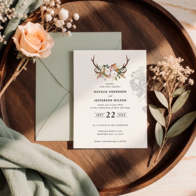 Stag sage green floral rustic elegant modern invitation (Creator Uploaded)