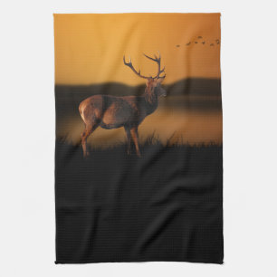 Stag Sunrise Misty Morning Deer Tea Towel