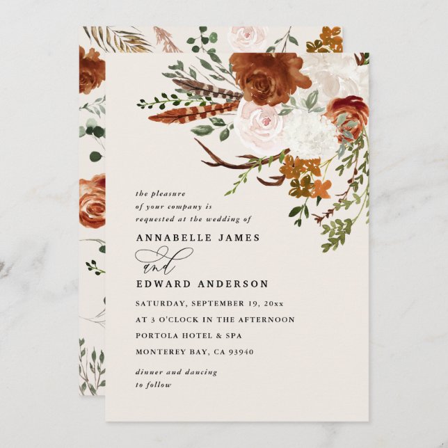 Stag terracotta floral rustic elegant modern invitation (Front/Back)